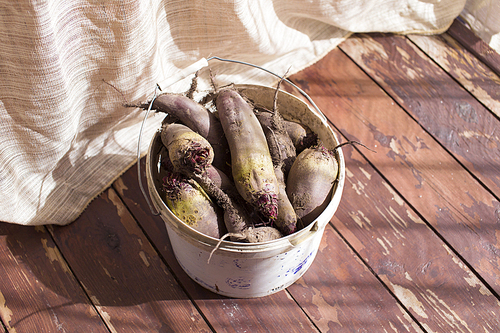 Fresh beets from the garden, in a wooden box