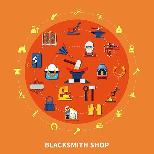 Blacksmith round composition with colorful forged product icons inscribed in circle with hammerwork equipment silhouette pictograms vector illustration
