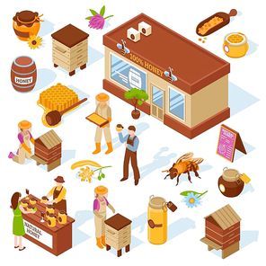 Honey garden apiary farm production and sale isometric icons collection with beehive honeycomb bee isolated vector illustration