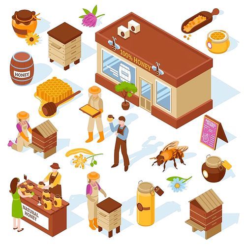 Honey garden apiary farm production and sale isometric icons collection with beehive honeycomb bee isolated vector illustration