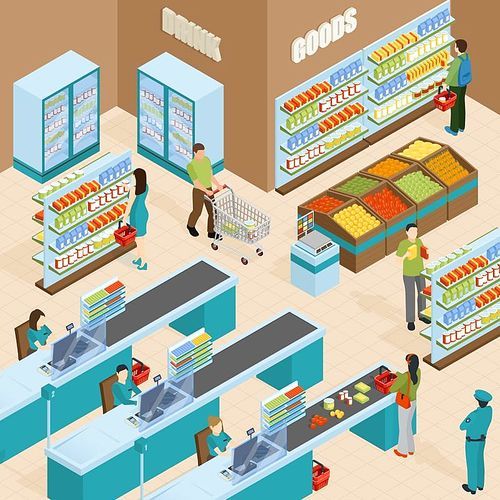 Supermarket isometric design concept with shelves filled by products buyers and cashiers vector illustration
