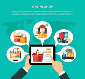 Online shop composition with man s hand tap on button in the tablet for purchase vector illustration