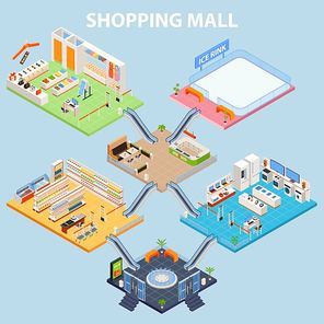 Shopping mall background with isometric interiors at different levels of plaza trade center with furniture images vector illustration