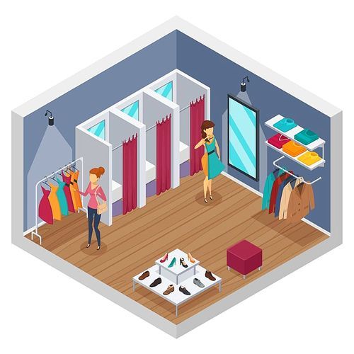 Colored trying shop isometric interior with walls and store with fitting rooms vector illustration