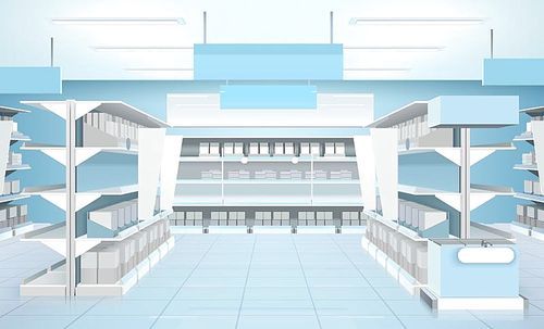 Supermarket interior design composition with shelves and cold refrigerated counter with beverage drinks in carton package vector illustration