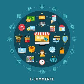 Colored e commerce flat composition with isolated icon set combined in big circle vector illustration