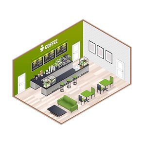 Isometric cafe indoor interior composition with bar counter chalkboard menu tables with seats and coffee making equipment vector illustration