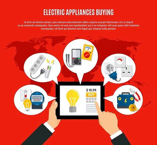Electric appliances buying online composition with mobile device in hands, world map on red background vector illustration
