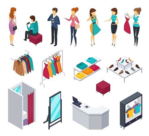 Colored and isolated trying shop isometric people icon set with accessories and elements of shop furniture clothing and visitors vector illustration