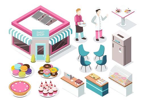 Sweet shop isometric set with macaroons, donuts, cupcakes, pie, baker and waiter, interior elements isolated vector illustration