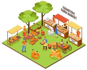 Local growing outdoor funfair market isometric composition with farmer greengrocer characters selling natural organic food products vector illustration