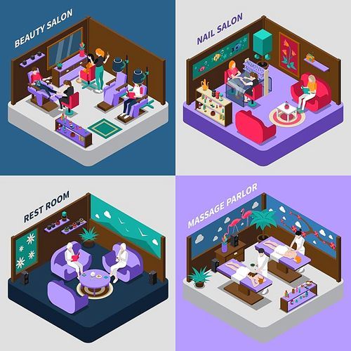 Beauty and health procedures nail salon massage parlor and rest room isometric compositions isolated vector illustration