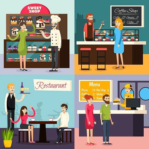 Four square cafe worker flat icon set on restaurant cafe bar sweet shop themes vector illustration
