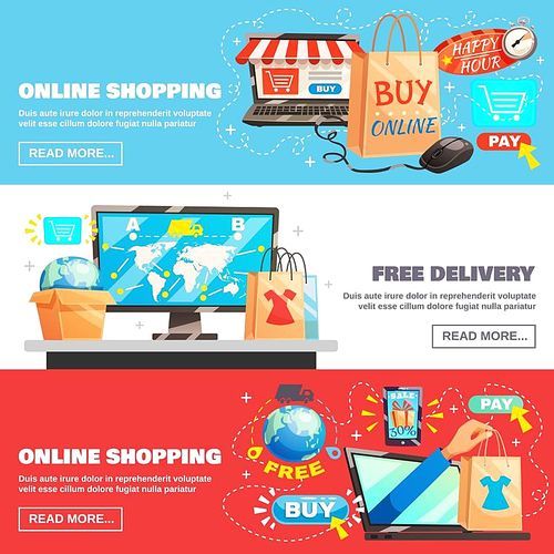 Electronic commerce horizontal banners set with online shopping and delivery image compositions with read more button vector illustration