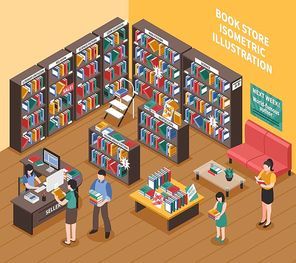 Book shop interior isometric illustration of bookshelves with printed publications stepladder shoppers and seller vector illustration