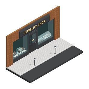 Isolated stylish colored jewelry shop isometric composition with storefront and shop sign vector illustration