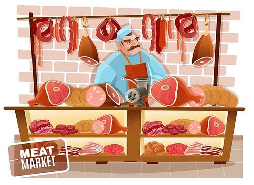 Butcher and meat market with sausages beef and bacon cartoon vector illustration