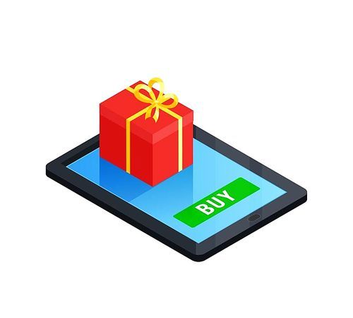 Online order conceptual composition with isometric gift box on top of tablet touch screen with buy button vector illustration