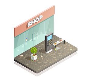 Cleaning isometric composition with dirty shop front flowerbed and bench with footprints and fingermarks with rubbish vector illustration