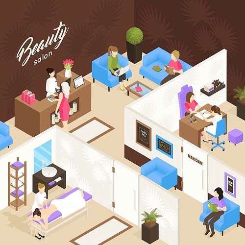 Beauty salon isometric design concept with receptionist waiting customers and working staff vector illustration