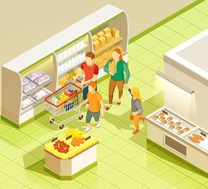 Family weekend grocery shopping in supermarket isometric view with dairy and fresh fish on ice vector illustration