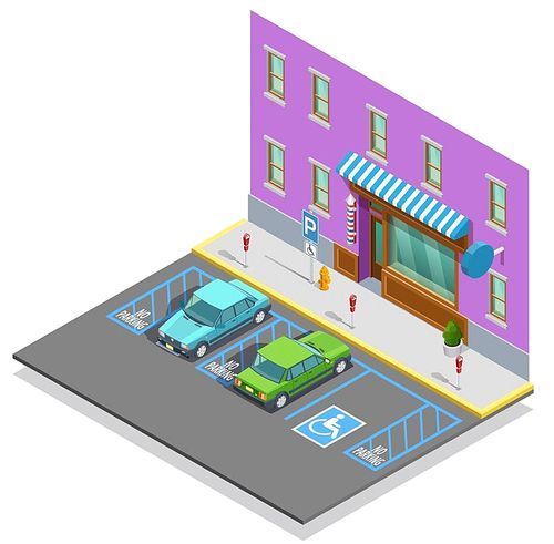 Parking zone isometric template with cars empty disabled lot near building vector illustration
