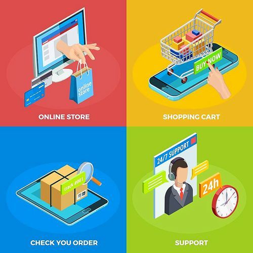 Online store 4 isometric icons square poster with shopping cart and customers support service isolated vector illustration