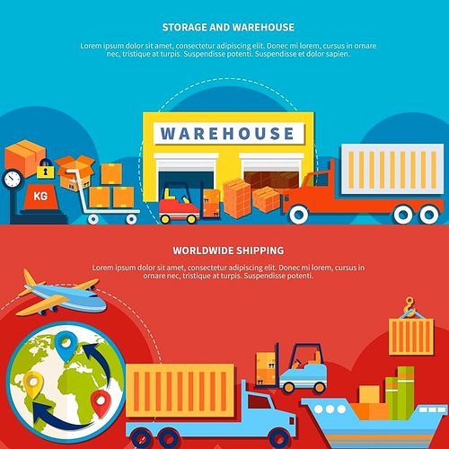 Two logistic banner set with worldwide shipping and storage and warehouse isolated and with text vector illustration