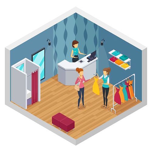 Colored trying shop isometric interior with clothing store layout new renovated stylish vector illustration