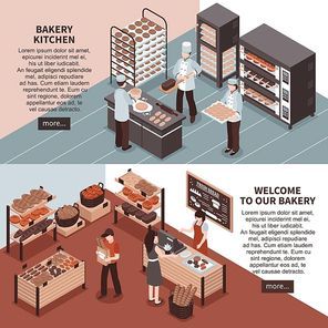 Bakery kitchen and bakery store isometric  horizontal banners with professional equipment cookers buyers and seller vector illustration