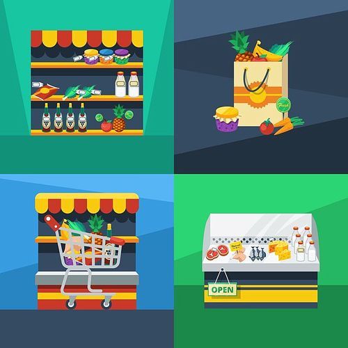 supermarket 2x2 flat design concept with best price  food shopping cart and fresh products compositions vector illustration