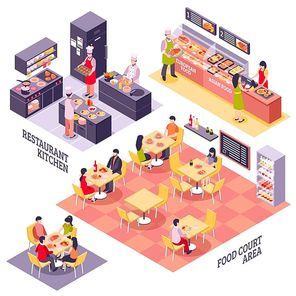 Fastfood restaurant interior design conceptual set with isolated isometric storeys of food court area and kitchen vector illustration
