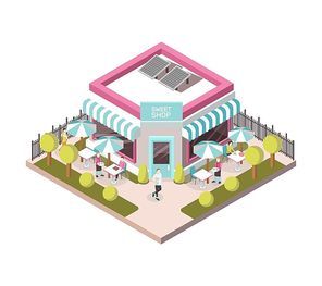 Sweet shop outside view with street tables near store building, staff and clients, lawn isometric vector illustration