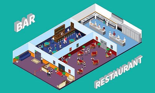 Bar restaurant isometric design with staff and clients hall kitchen interior elements on green background vector illustration