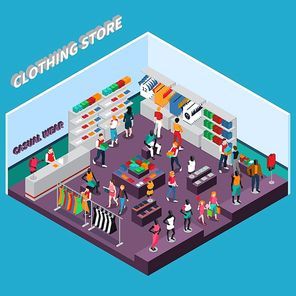 Clothing store isometric composition with customers shelves with goods racks with dresses mannequins in apparel vector illustration