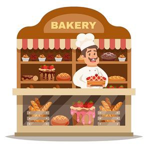 Bakery shop design concept with chef in hat standing behind the counter and offering pastries flat vector illustration