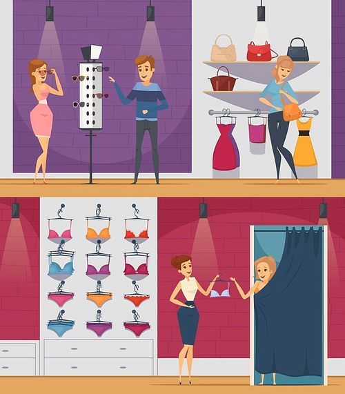 Two horizontal trying shop flat people compositions with girl in lingerie store and girl in shop of accessories vector illustration