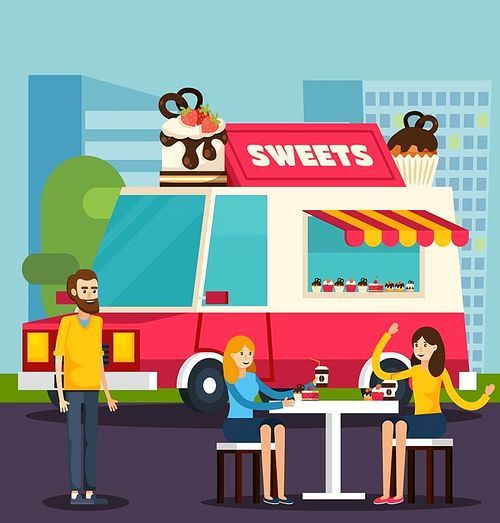 Colored sweets van orthogonal flat composition with couple man and woman on a date vector illustration