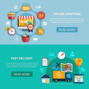 Two horizontal ecommerce banner set with online shopping fast delivery descriptions and read more buttons vector illustration
