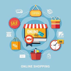 Ecommerce flat colored composition with online shopping headline and icons around in the form of ring vector illustration