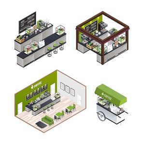 Isometric coffee shop isolated indoor interior compositions set with coffee house room mobile cafe street cart vector illustration