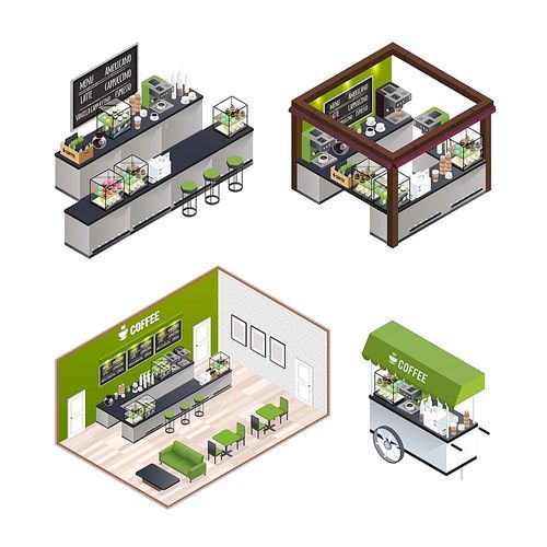 Isometric coffee shop isolated indoor interior compositions set with coffee house room mobile cafe street cart vector illustration