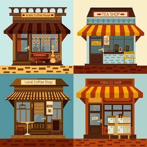 Shops and local mini stores facades set isolated vector illustration