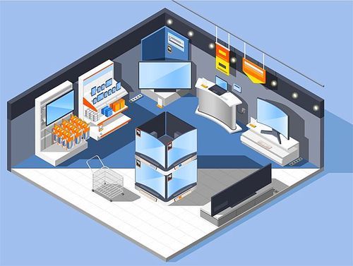 Electronics supermarket isometric composition of domestic appliances store interior with gadgets laptop computers and television sets vector illustration