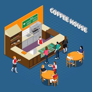 Coffee house isometric composition with barista behind counter waiters and clients on blue textured background vector illustration