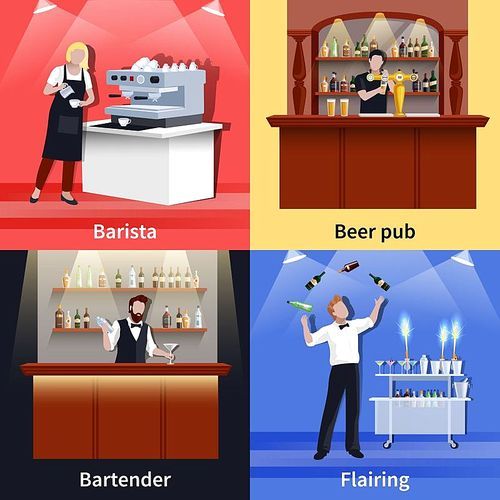 Four square cocktail people icon set with barista beer pub bartender and flairing descriptions vector illustration