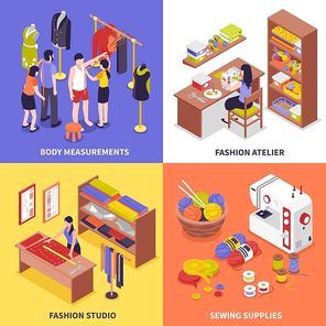 Fashion atelier 2x2 design concept with body measurements fashion studio sewing supplies square compositions isometric vector illustration
