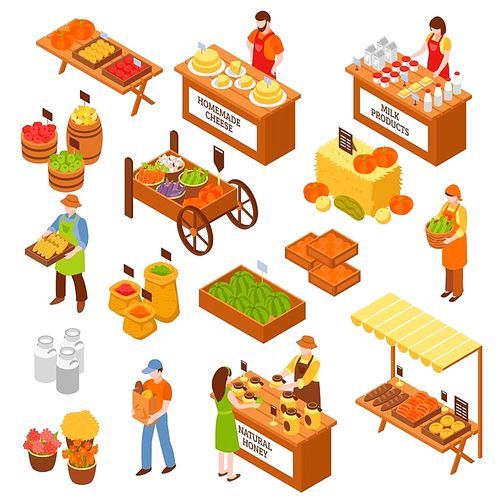 Marketplace isometric set of food counters with farmers selling milk products natural honey homemade cheese fruits and vegetables isolated vector illustration