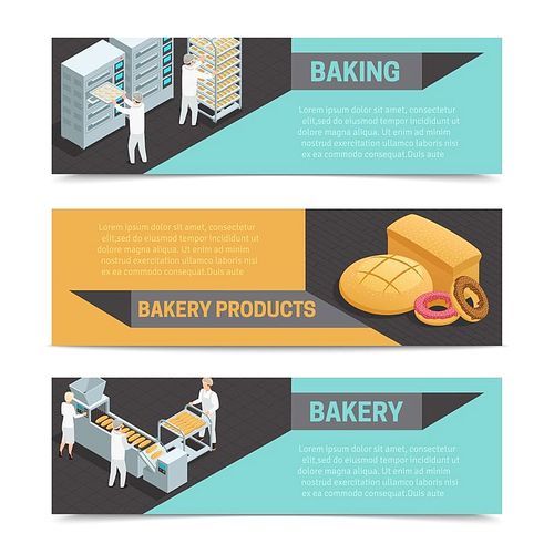Three horizontal colored bakery factory isometric banner set with baking bakery product and bakery headlines vector illustration