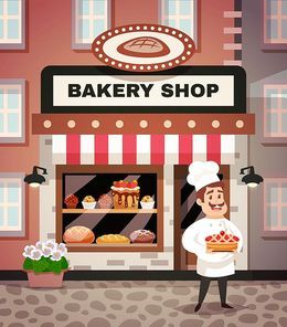 Bakery shop design concept with chef in uniform standing in front of the shop window with cake in hands flat cartoon vector illustration